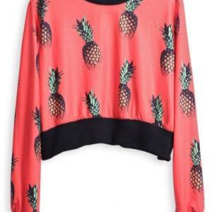 Red Round Neck Long Sleeve Pineapple Print Crop..