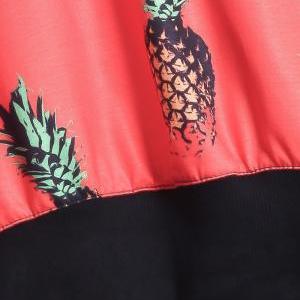 Red Round Neck Long Sleeve Pineapple Print Crop..