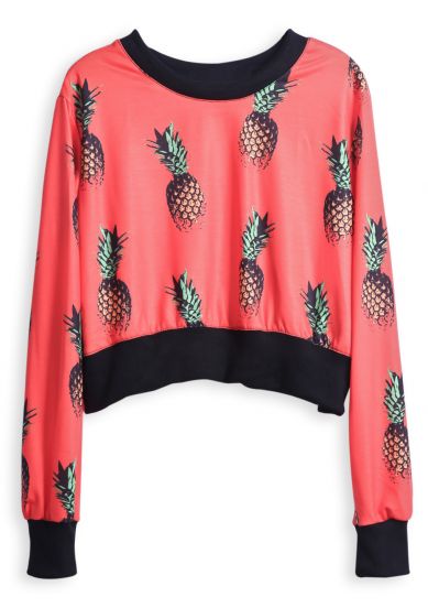 Red Round Neck Long Sleeve Pineapple Print Crop Sweatshirt