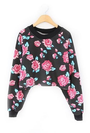 Black Round Neck Long Sleeve Floral Crop Sweatshirt